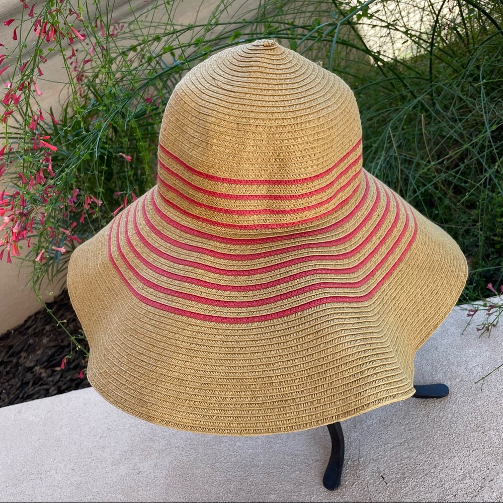 J.CREW☀️Camel Tan/Red Wide Brim Packable Paper Straw Floppy Sun Hat - Picture 2 of 5